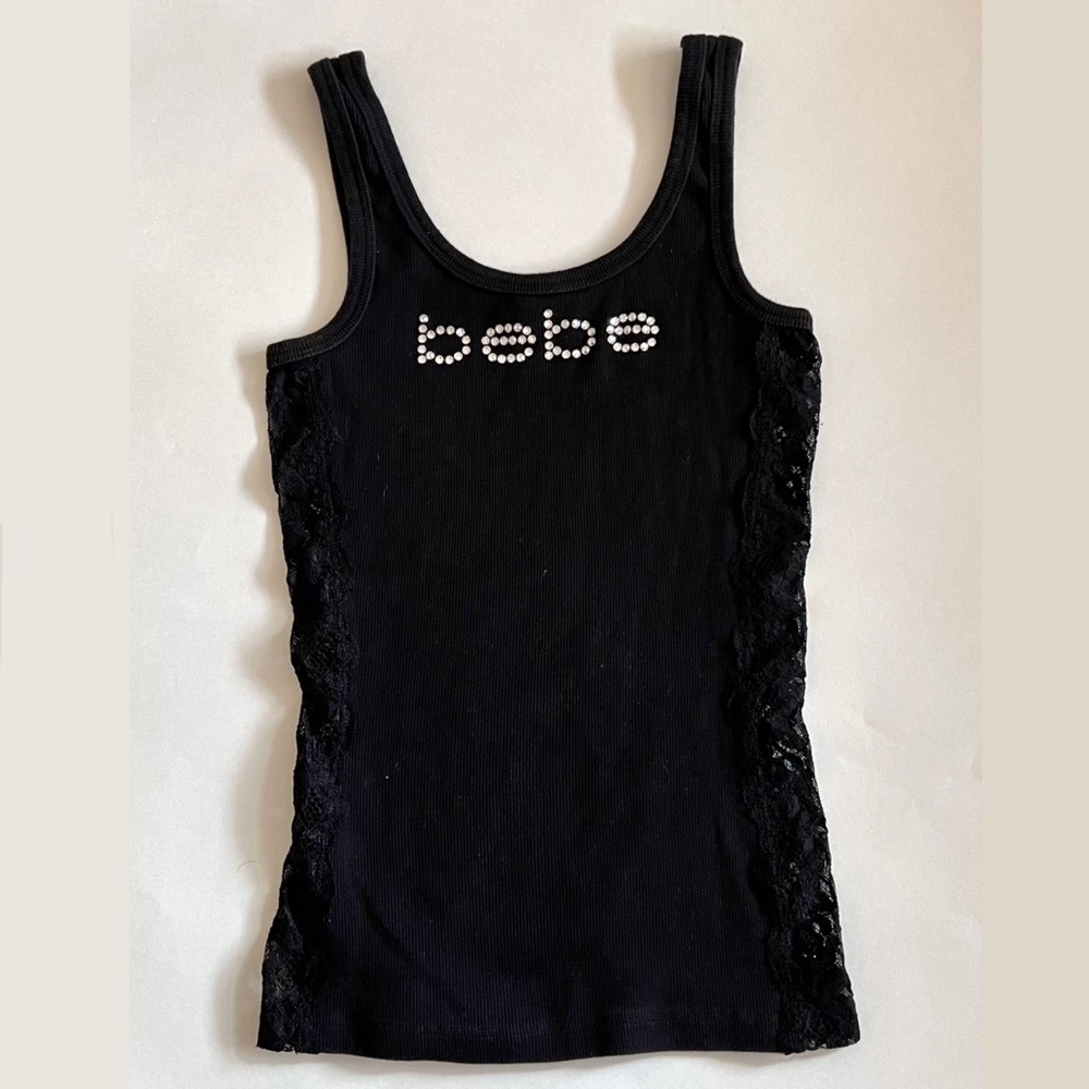 Lace sides tank top with rhinestone writing